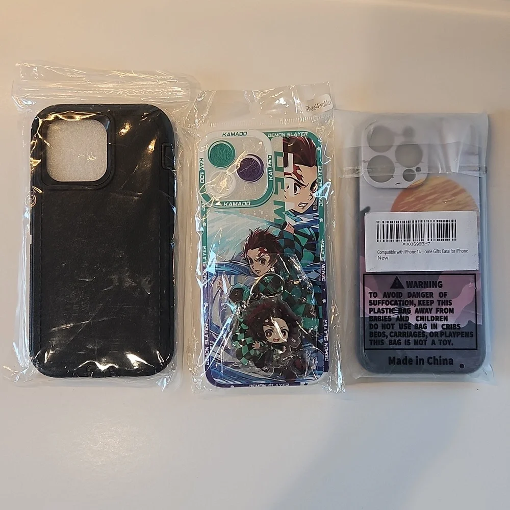 3 pack iPhone 14 Pro protective‎ painted case  (anime,black, and sunset)